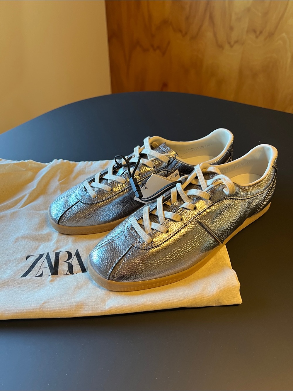 ZARA Metallic Silver Leather Sneakers Women’s Size 9 - New with Tags, Dust Bag